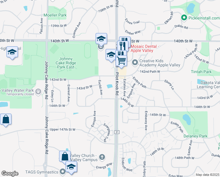 map of restaurants, bars, coffee shops, grocery stores, and more near 5520 142nd Street West in Apple Valley