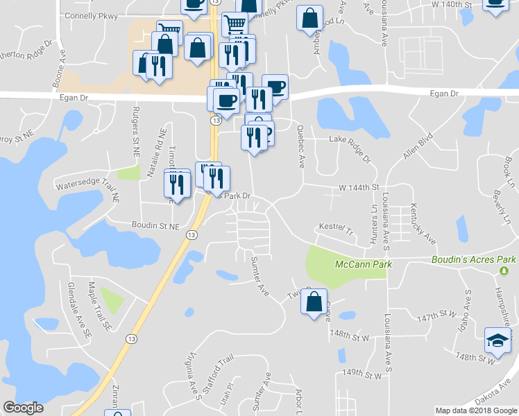 map of restaurants, bars, coffee shops, grocery stores, and more near 7510 Southridge Court in Savage