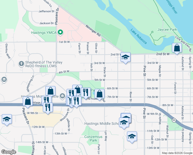 map of restaurants, bars, coffee shops, grocery stores, and more near 1041 4th Street West in Hastings