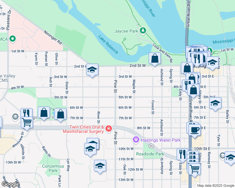 map of restaurants, bars, coffee shops, grocery stores, and more near 639 4th Street West in Hastings