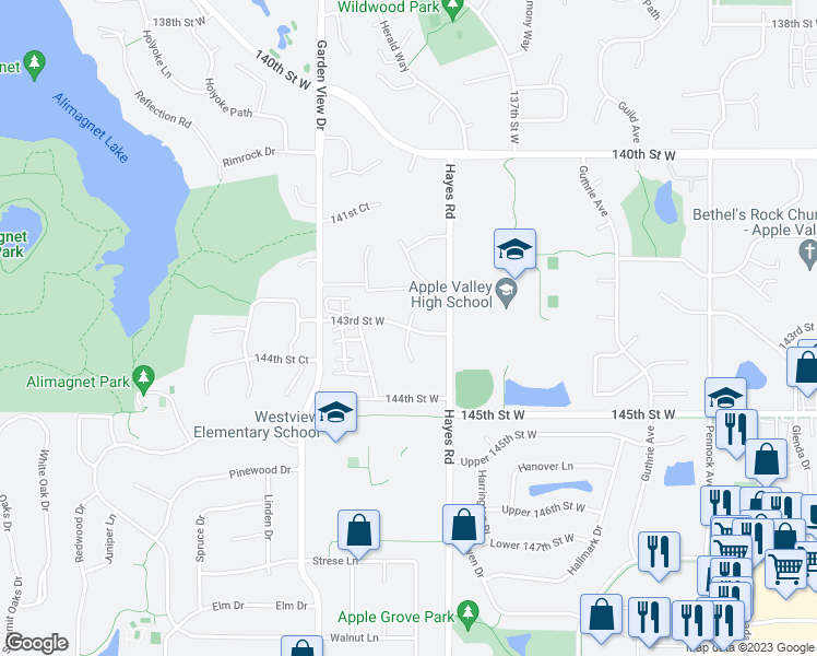 map of restaurants, bars, coffee shops, grocery stores, and more near 143rd Street West in Apple Valley