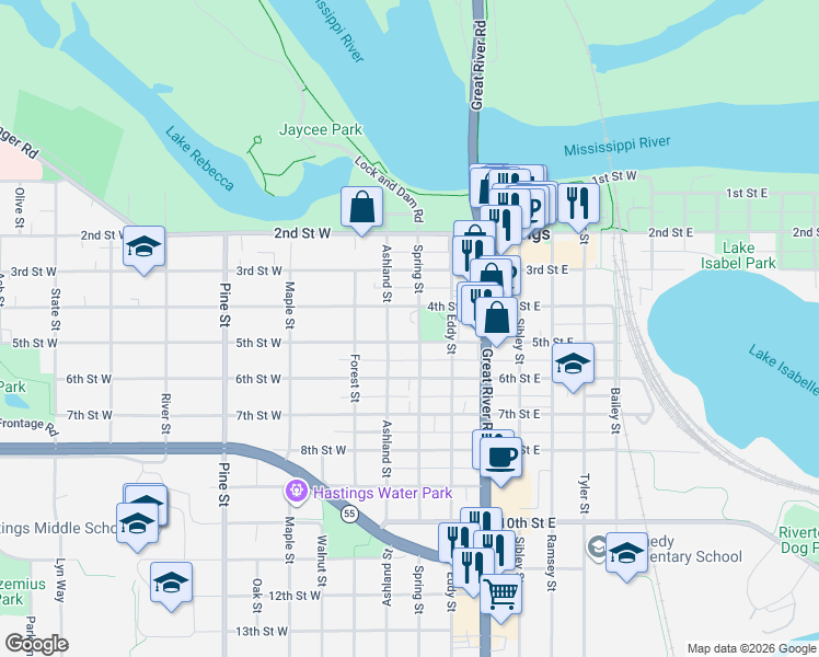 map of restaurants, bars, coffee shops, grocery stores, and more near 321 4th Street West in Hastings
