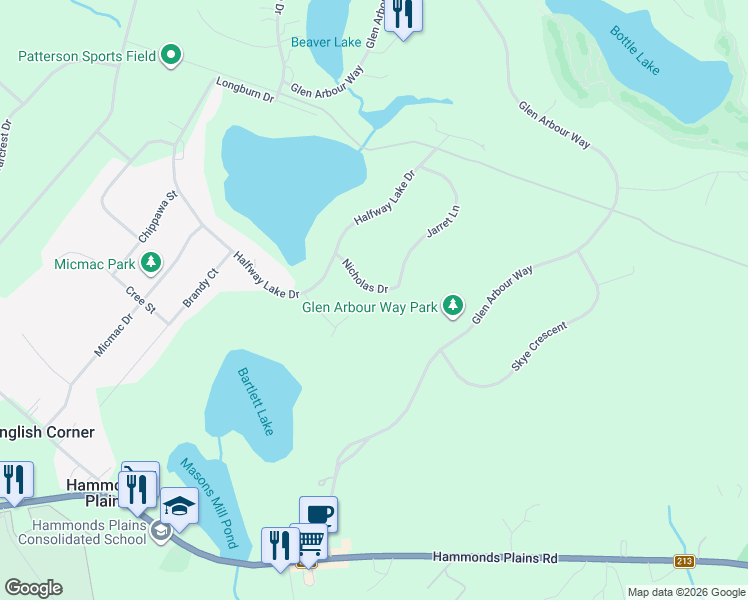map of restaurants, bars, coffee shops, grocery stores, and more near 11 Nicholas Drive in Hammonds Plains