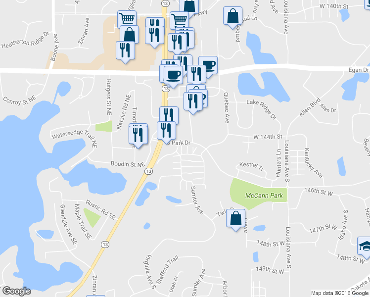 map of restaurants, bars, coffee shops, grocery stores, and more near 7626 Southridge Court in Savage