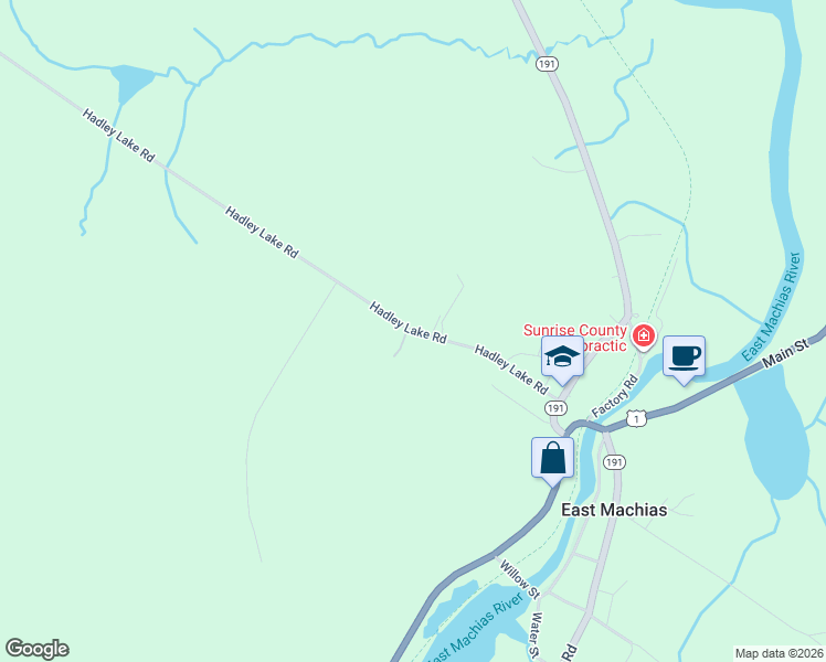 map of restaurants, bars, coffee shops, grocery stores, and more near 60 Hadley Lake Road in Machias