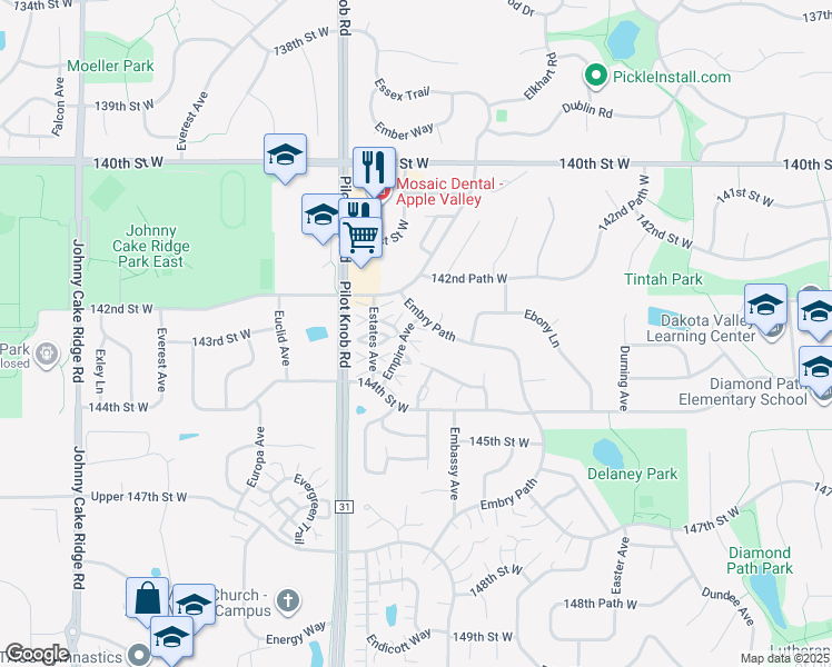 map of restaurants, bars, coffee shops, grocery stores, and more near 14264 Empire Avenue in Apple Valley