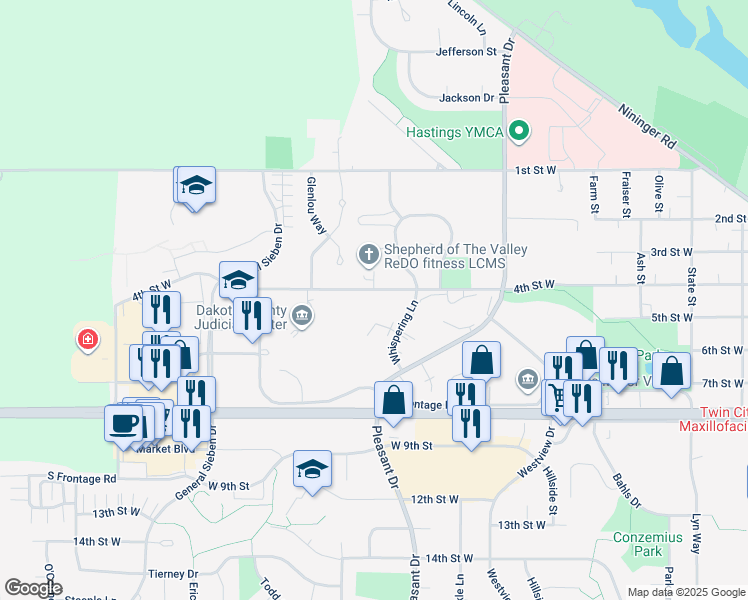 map of restaurants, bars, coffee shops, grocery stores, and more near 1481 4th Street West in Hastings