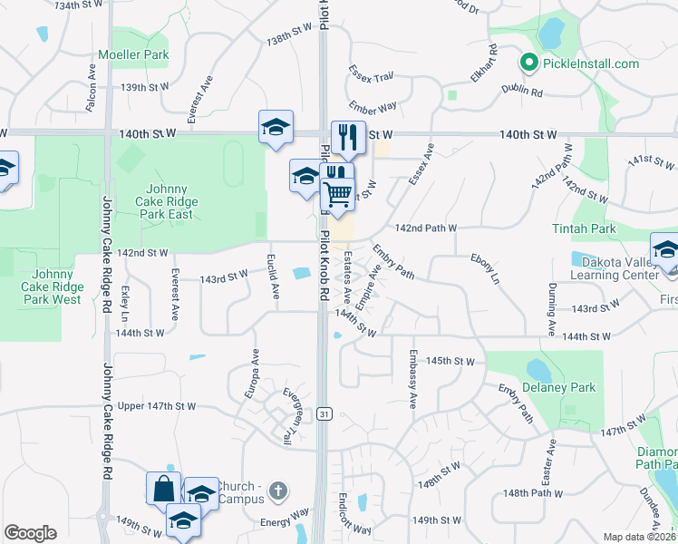 map of restaurants, bars, coffee shops, grocery stores, and more near 14304 Estates Avenue in Apple Valley