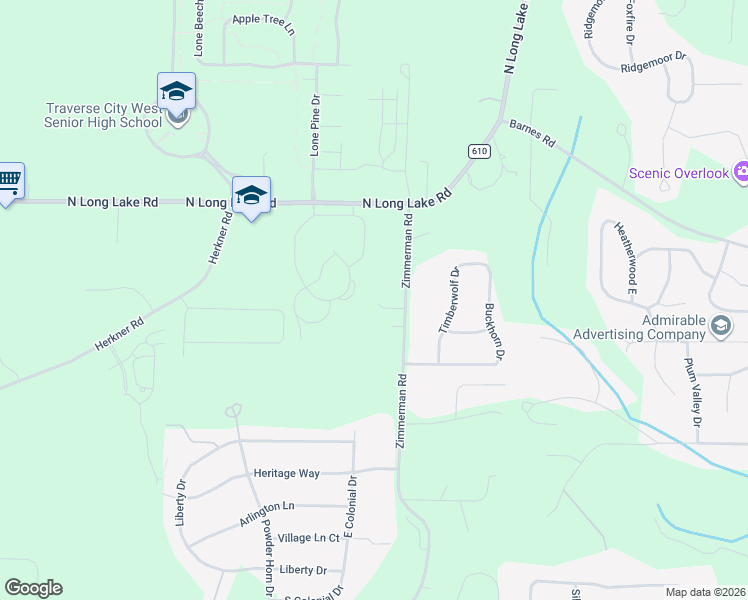 map of restaurants, bars, coffee shops, grocery stores, and more near 3815 Zimmerman Road in Traverse City