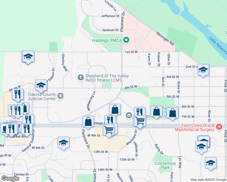 map of restaurants, bars, coffee shops, grocery stores, and more near 1321 4th Street West in Hastings