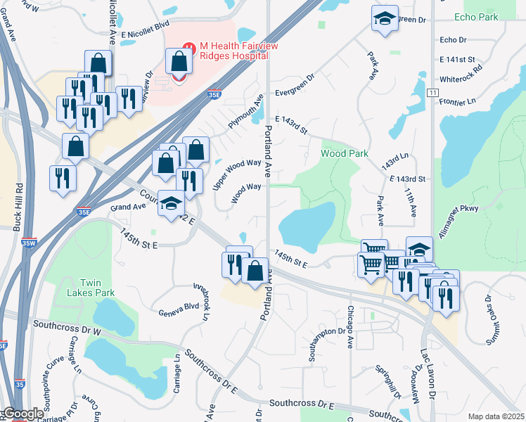 map of restaurants, bars, coffee shops, grocery stores, and more near 14402 Portland Avenue in Burnsville