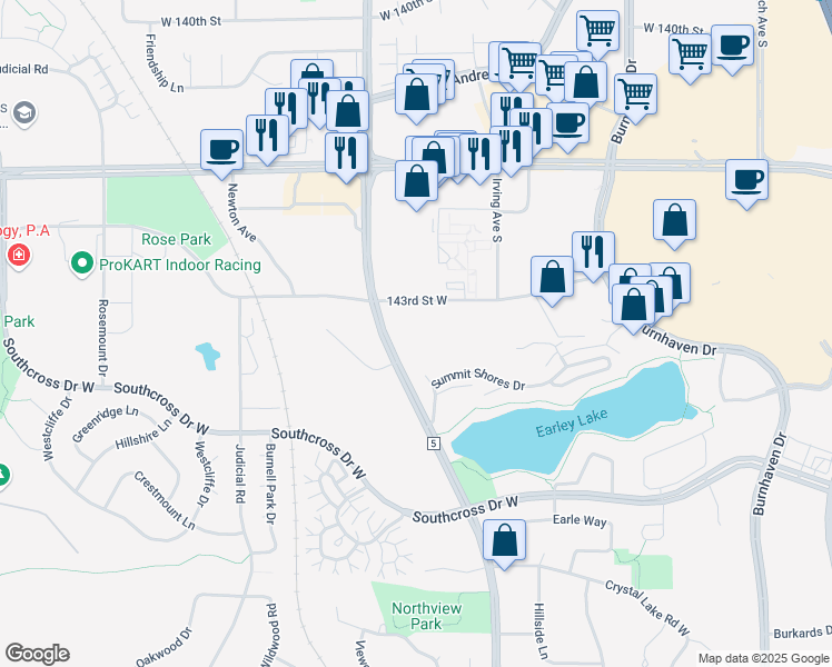 map of restaurants, bars, coffee shops, grocery stores, and more near 1711 143rd Street West in Burnsville