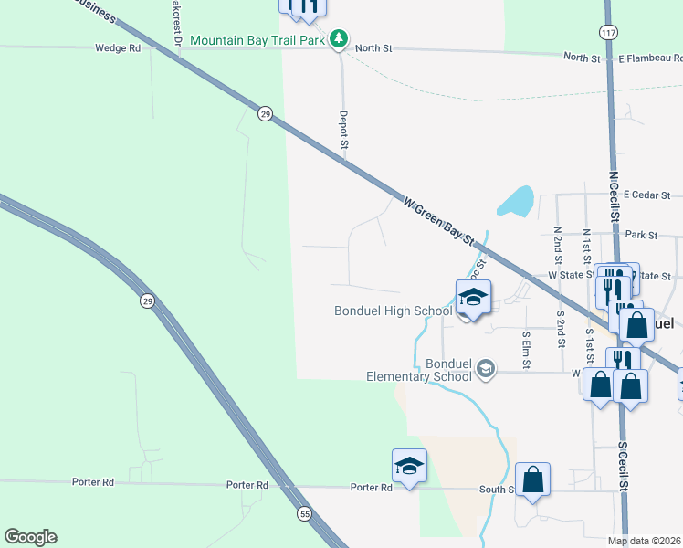 map of restaurants, bars, coffee shops, grocery stores, and more near 113 Whitnee Way in Bonduel