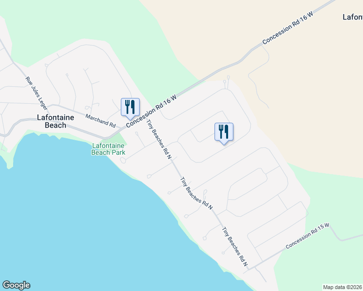 map of restaurants, bars, coffee shops, grocery stores, and more near 16 Desroches Trail in Penetanguishene