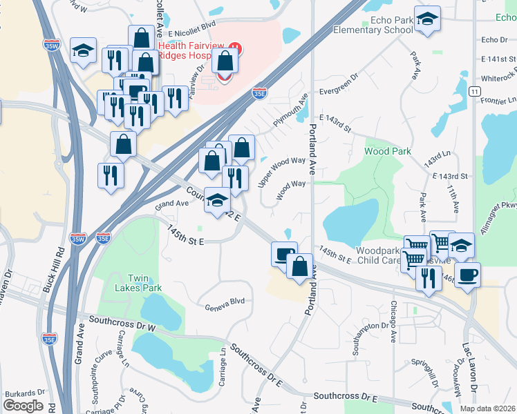map of restaurants, bars, coffee shops, grocery stores, and more near 352 Upper Wood Way in Burnsville
