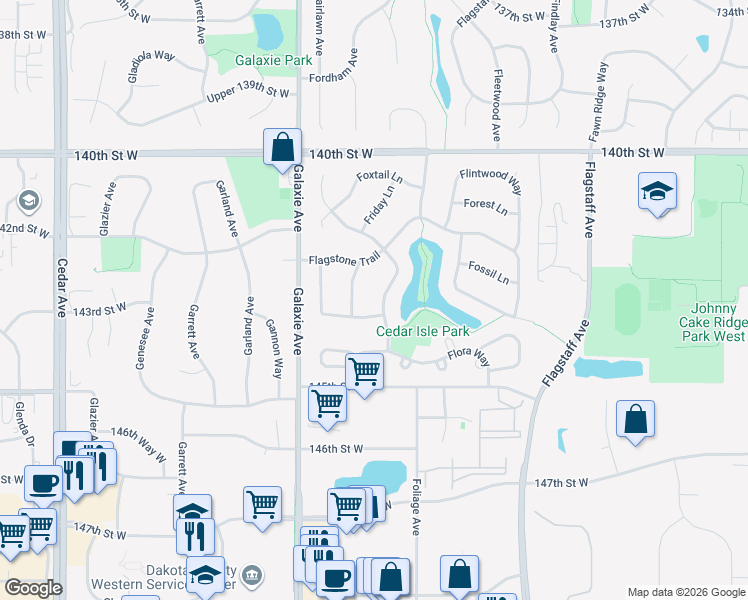 map of restaurants, bars, coffee shops, grocery stores, and more near 14313 Freeport Trail in Apple Valley