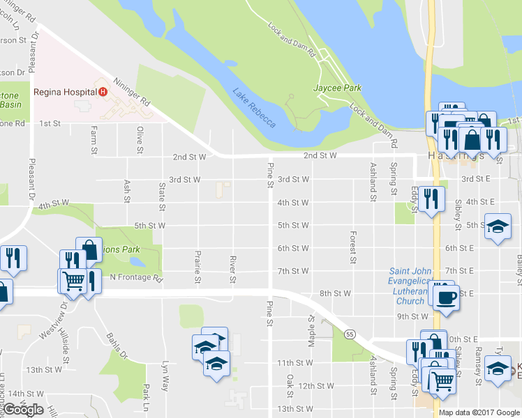 map of restaurants, bars, coffee shops, grocery stores, and more near 711 4th Street West in Hastings