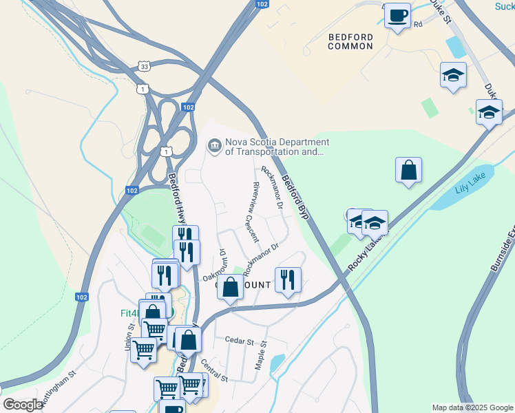 map of restaurants, bars, coffee shops, grocery stores, and more near 53 Riverview Crescent in Bedford