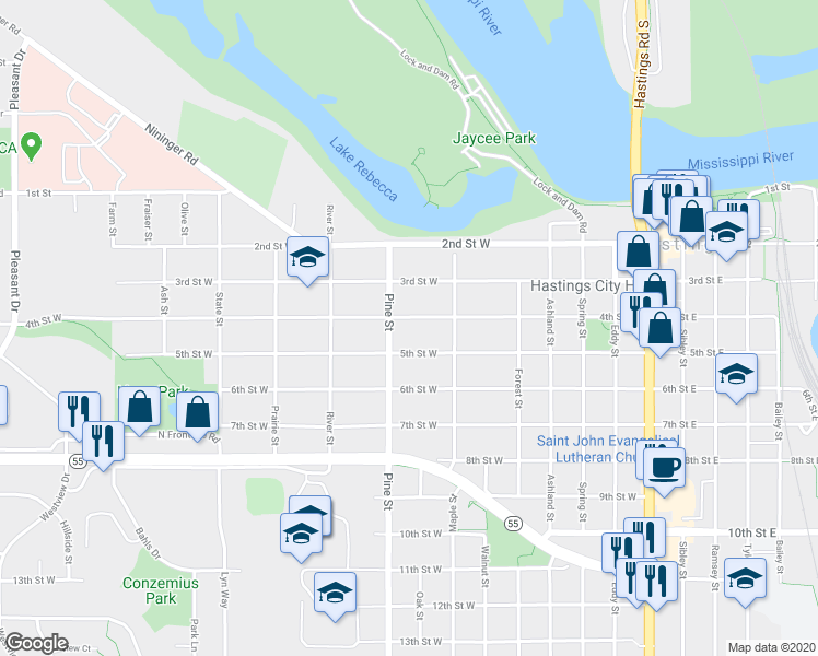 map of restaurants, bars, coffee shops, grocery stores, and more near 639 4th Street West in Hastings