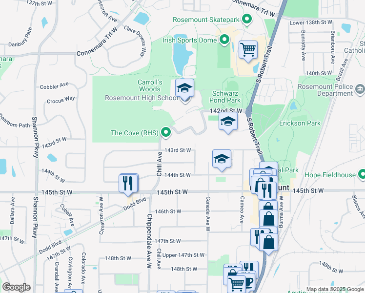 map of restaurants, bars, coffee shops, grocery stores, and more near 3345 143rd Street West in Rosemount