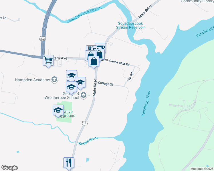 map of restaurants, bars, coffee shops, grocery stores, and more near 17 Cottage Street in Hampden