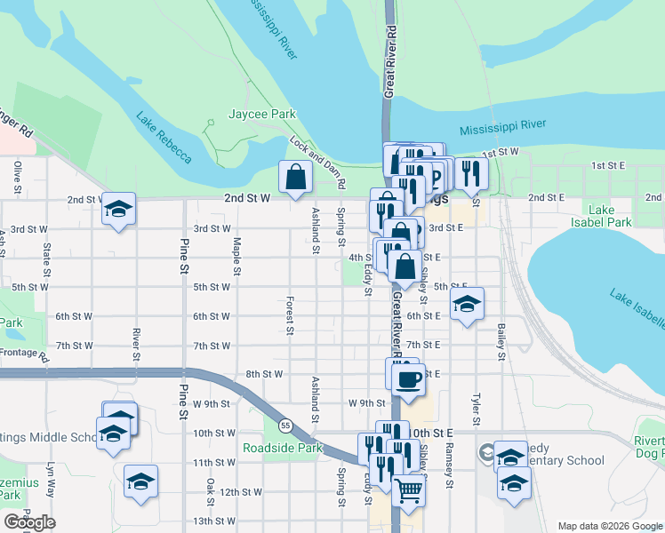 map of restaurants, bars, coffee shops, grocery stores, and more near 321 4th Street West in Hastings
