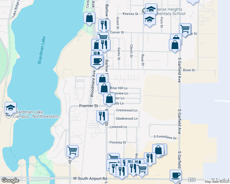 map of restaurants, bars, coffee shops, grocery stores, and more near 805 Glenview Lane in Traverse City