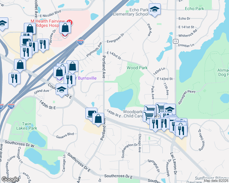 map of restaurants, bars, coffee shops, grocery stores, and more near 14429 Portland Avenue in Burnsville