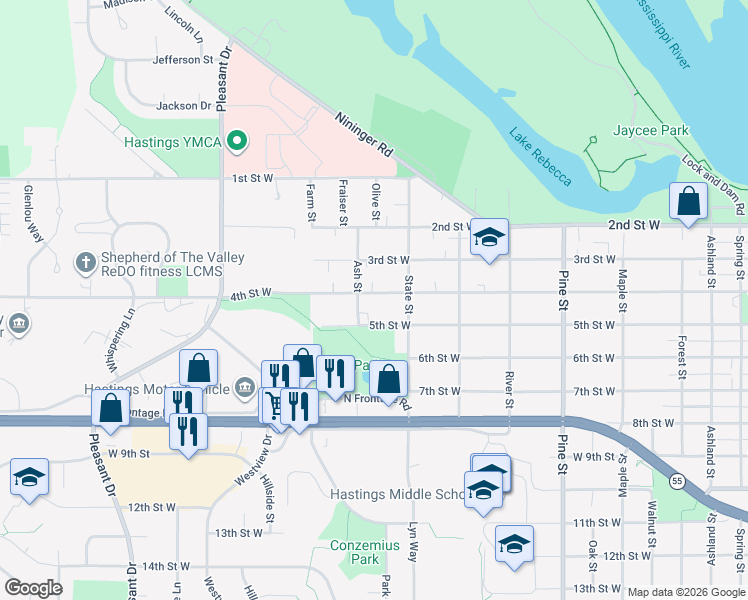map of restaurants, bars, coffee shops, grocery stores, and more near 1041 4th Street West in Hastings