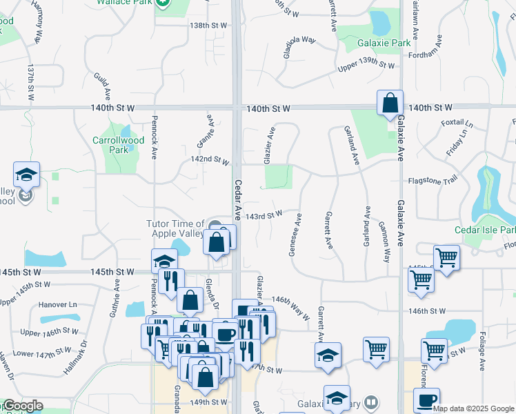 map of restaurants, bars, coffee shops, grocery stores, and more near 7421 143rd Street Court in Apple Valley