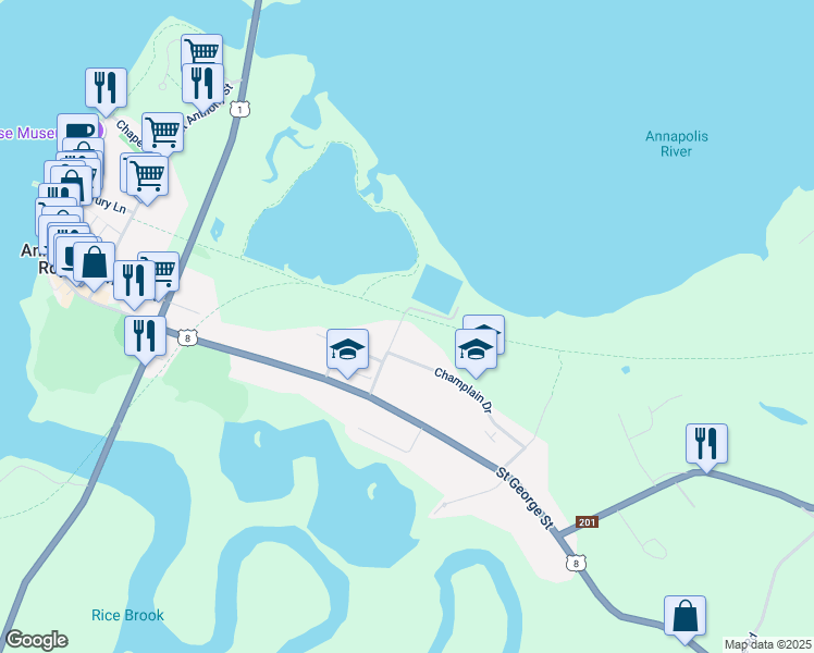 map of restaurants, bars, coffee shops, grocery stores, and more near 20 School Street in Annapolis Royal
