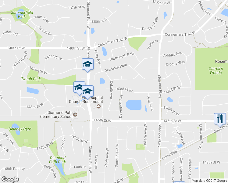 map of restaurants, bars, coffee shops, grocery stores, and more near 4302 143rd Street West in Rosemount