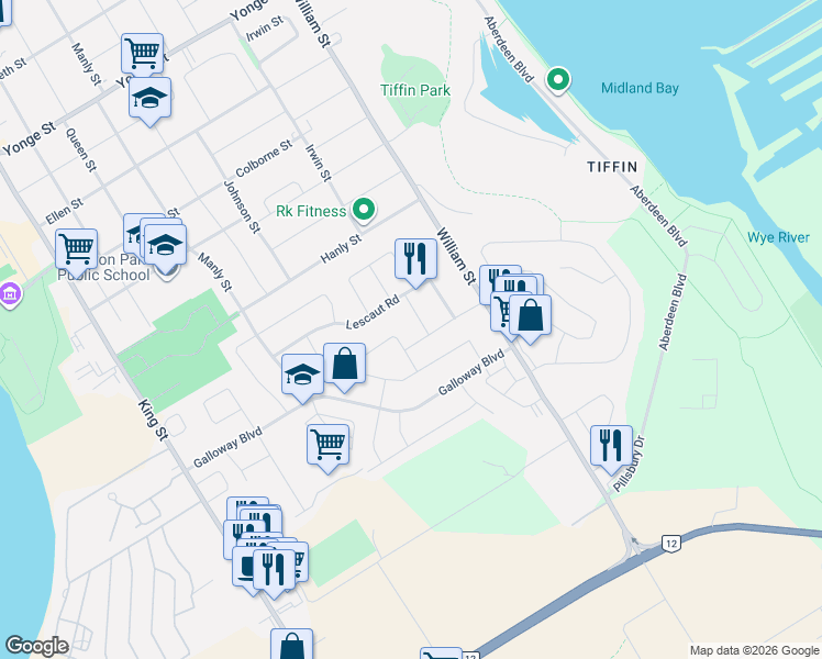 map of restaurants, bars, coffee shops, grocery stores, and more near in Midland