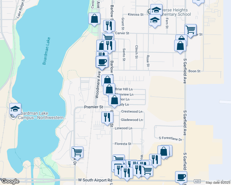 map of restaurants, bars, coffee shops, grocery stores, and more near 805 Glenview Lane in Traverse City