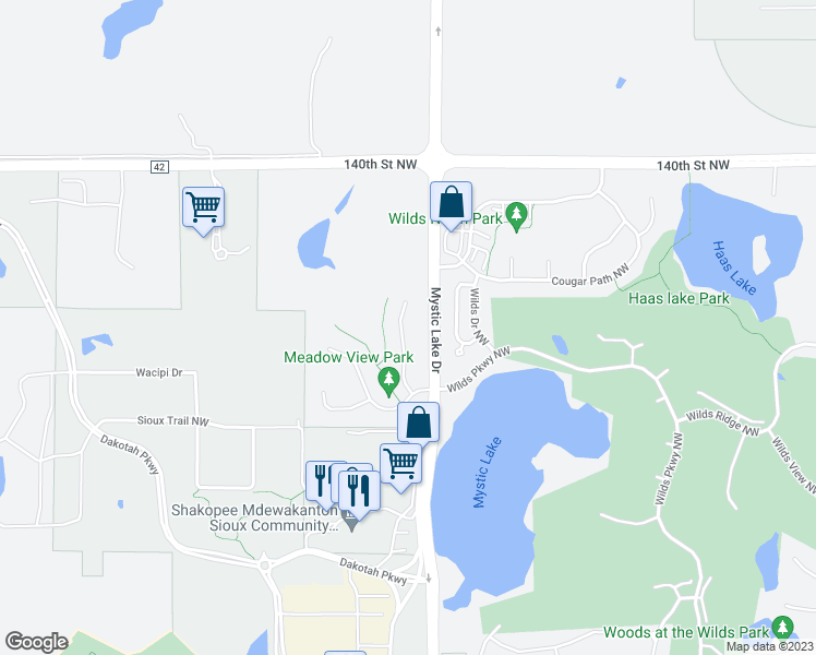 map of restaurants, bars, coffee shops, grocery stores, and more near 14315 Brookmere Boulevard Northwest in Prior Lake