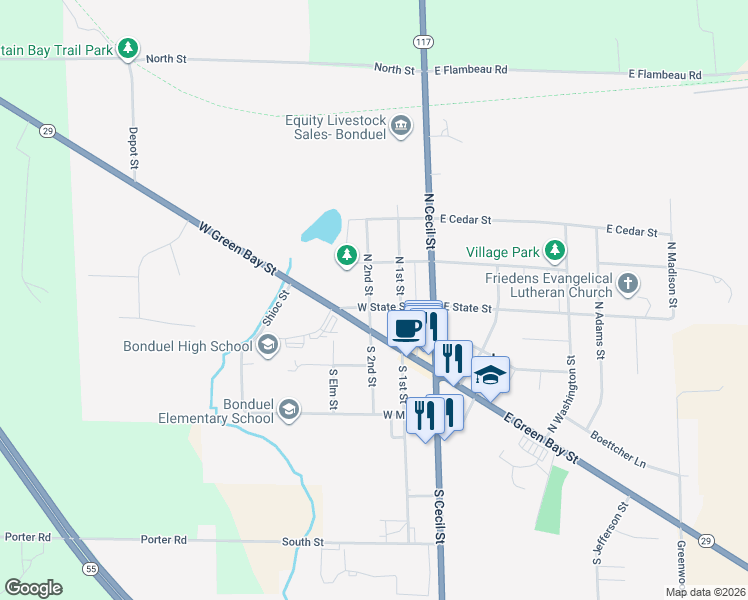 map of restaurants, bars, coffee shops, grocery stores, and more near 221 East State Street in Bonduel