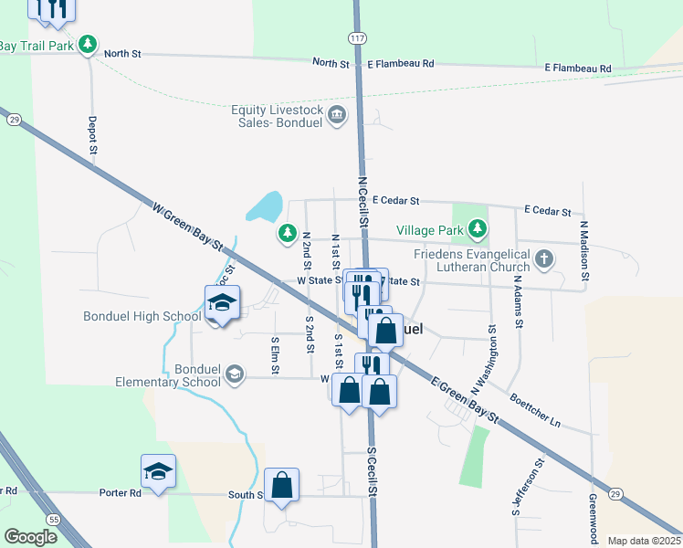 map of restaurants, bars, coffee shops, grocery stores, and more near 111 West State Street in Bonduel