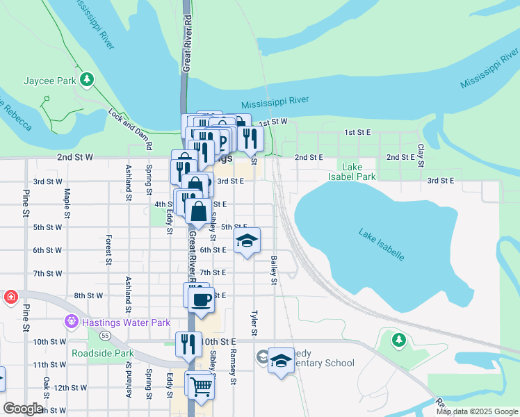 map of restaurants, bars, coffee shops, grocery stores, and more near 401 Tyler Street in Hastings