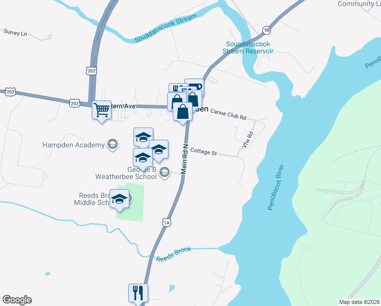 map of restaurants, bars, coffee shops, grocery stores, and more near 5 Cottage Street in Hampden