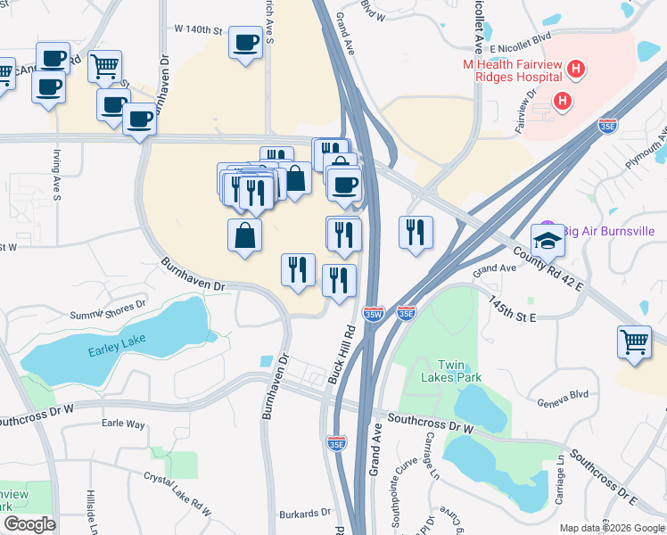 map of restaurants, bars, coffee shops, grocery stores, and more near 14270 Buck Hill Road in Burnsville
