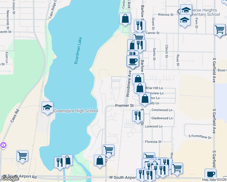 map of restaurants, bars, coffee shops, grocery stores, and more near 1495 Newport Street in Traverse City