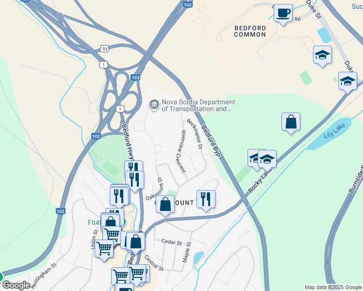 map of restaurants, bars, coffee shops, grocery stores, and more near Riverview Crescent in Bedford