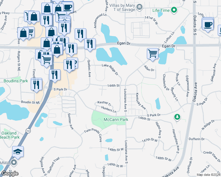 map of restaurants, bars, coffee shops, grocery stores, and more near 7431 144th Street in Savage