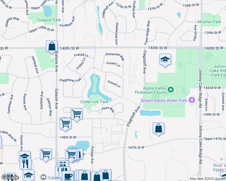 map of restaurants, bars, coffee shops, grocery stores, and more near 14298 Footbridge Way in Apple Valley