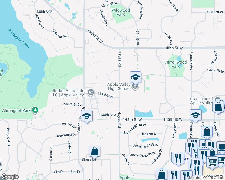 map of restaurants, bars, coffee shops, grocery stores, and more near 14250 Hemlock Court North in Apple Valley