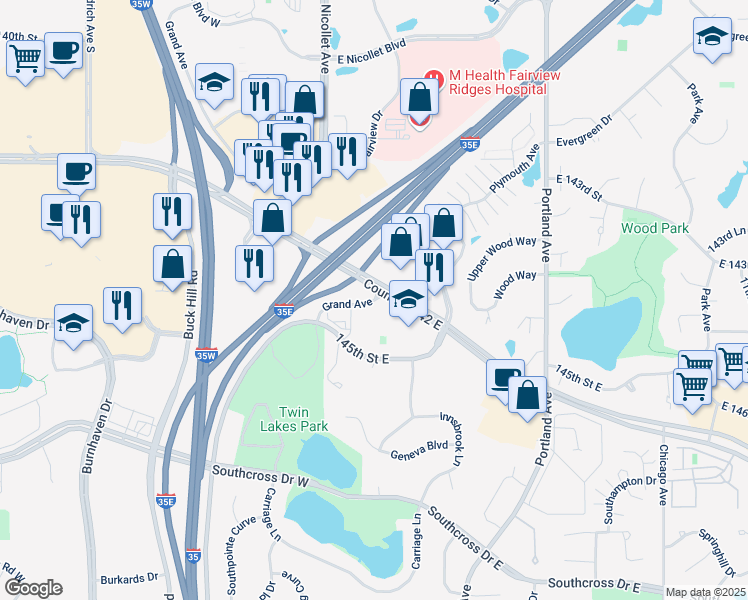 map of restaurants, bars, coffee shops, grocery stores, and more near 14418 Grand Avenue in Burnsville