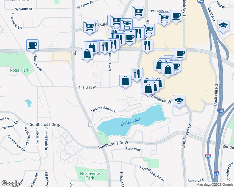 map of restaurants, bars, coffee shops, grocery stores, and more near 1301 143rd Street West in Burnsville