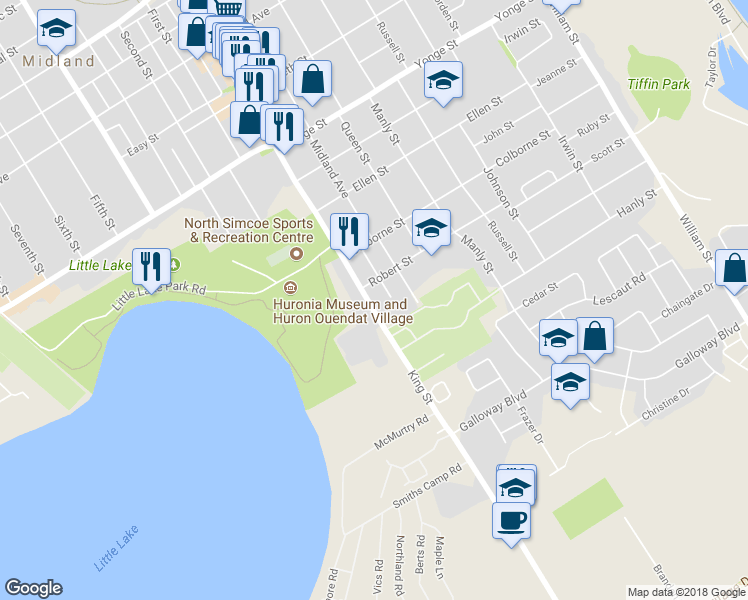 map of restaurants, bars, coffee shops, grocery stores, and more near 543 King Street in Midland