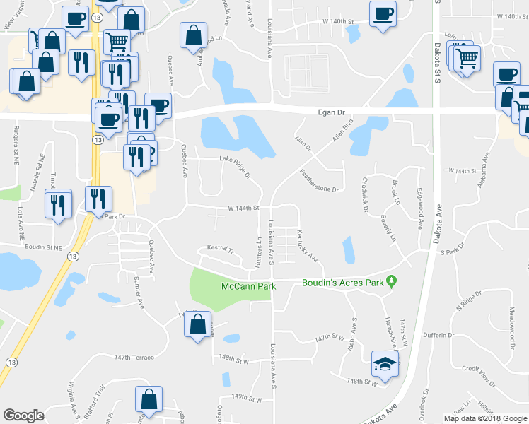 map of restaurants, bars, coffee shops, grocery stores, and more near 14401 Hunters Lane in Savage