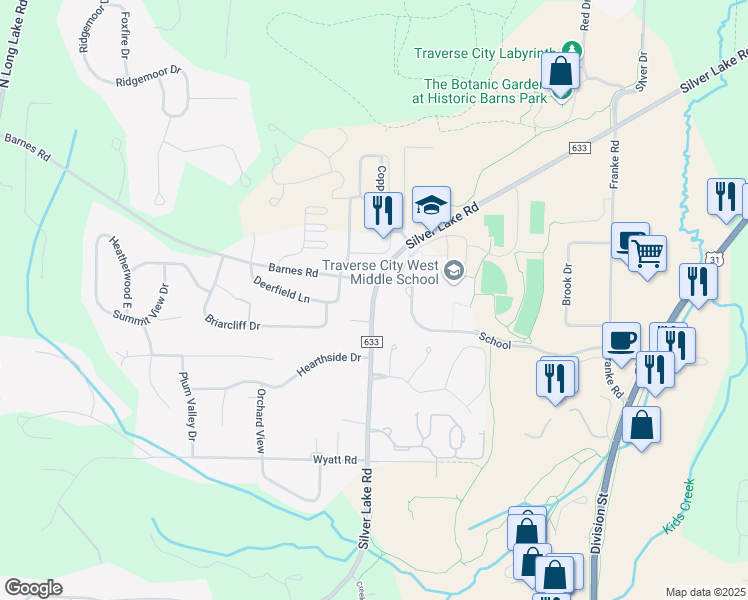 map of restaurants, bars, coffee shops, grocery stores, and more near 3950 Silver Lake Road in Traverse City